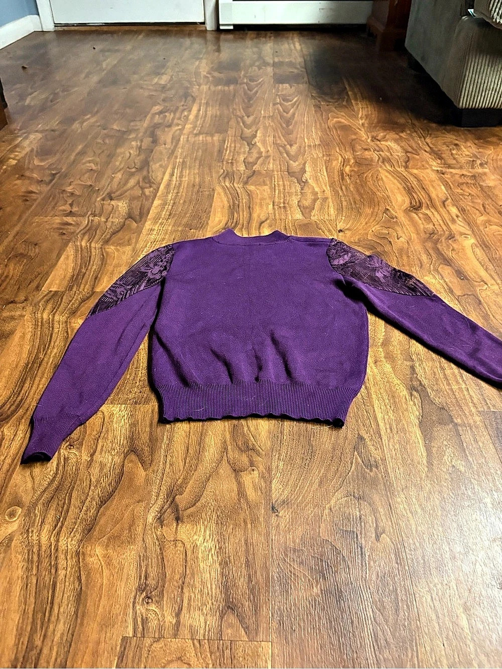 Elegant Royal Purple Mock Neck Sweater with Sheer Floral Lace Sleeves Xs
